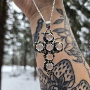 Rose Quartz & Sterling Silver Cross Necklace